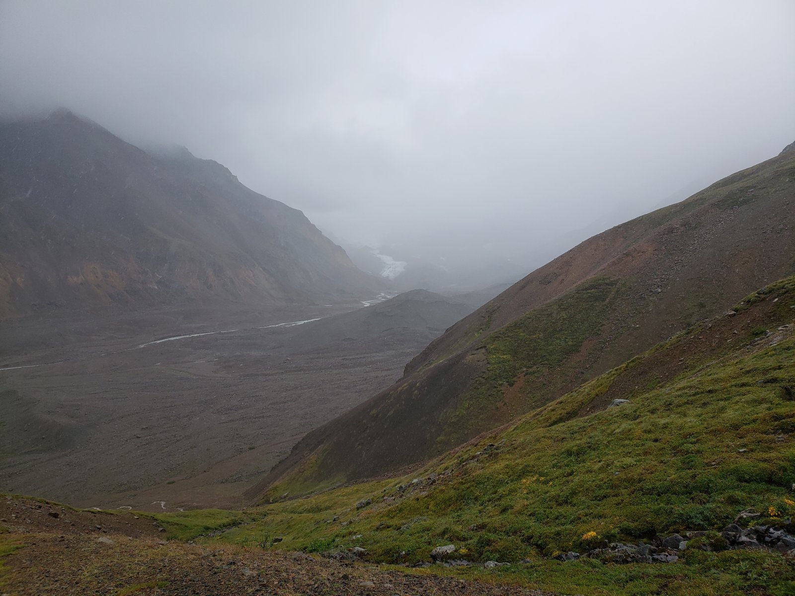 We backtracked a bit to begin our climb and our crossing into the 
Sunrise/Sunset Glaciers zone... this is when the weather really began to
 turn and where I made our first mistake.