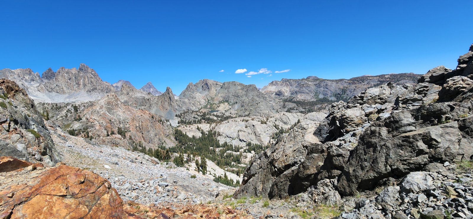 First look over Nancy Pass at the Minarets (left) and Minaret Lake (center).