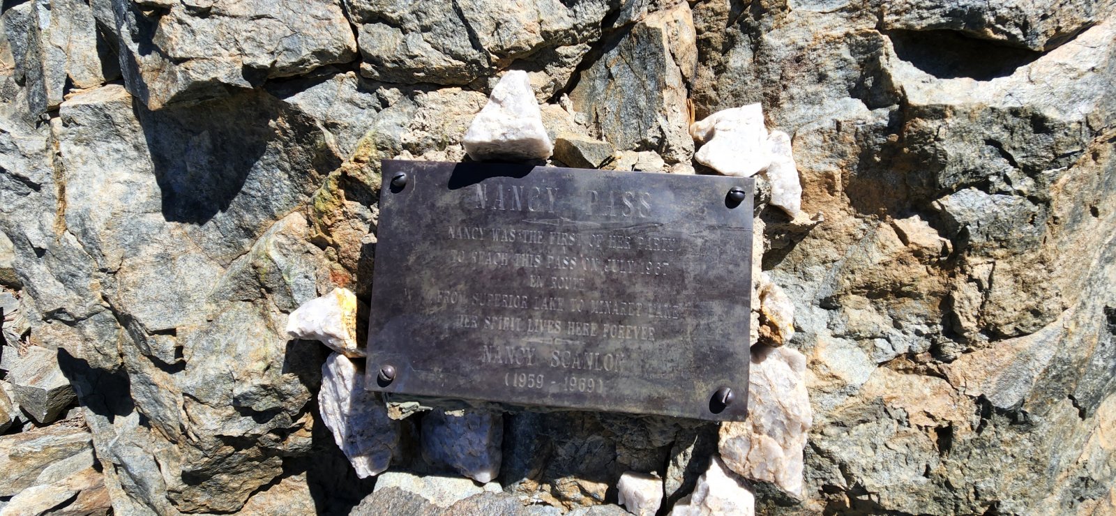 Plaque honoring Nancy Scanlon - apparently the first of her party to 
reach the pass in 1967. Sadly, post-trip research tells me that Nancy 
died of childhood leukemia at only 10 years old.