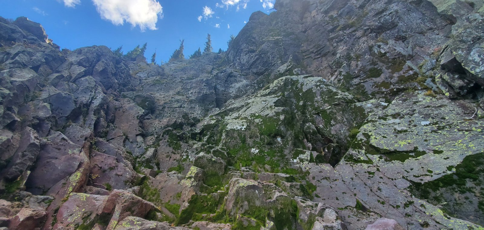 Looking back up our downclimb. A few sections of mild Class 3, but 
nothing crazy. (Just stay off of the vegetation and on the rocks as much
 as possible to avoid slipping.) Probably easier to go up than down, but
 route-finding might be trickier.