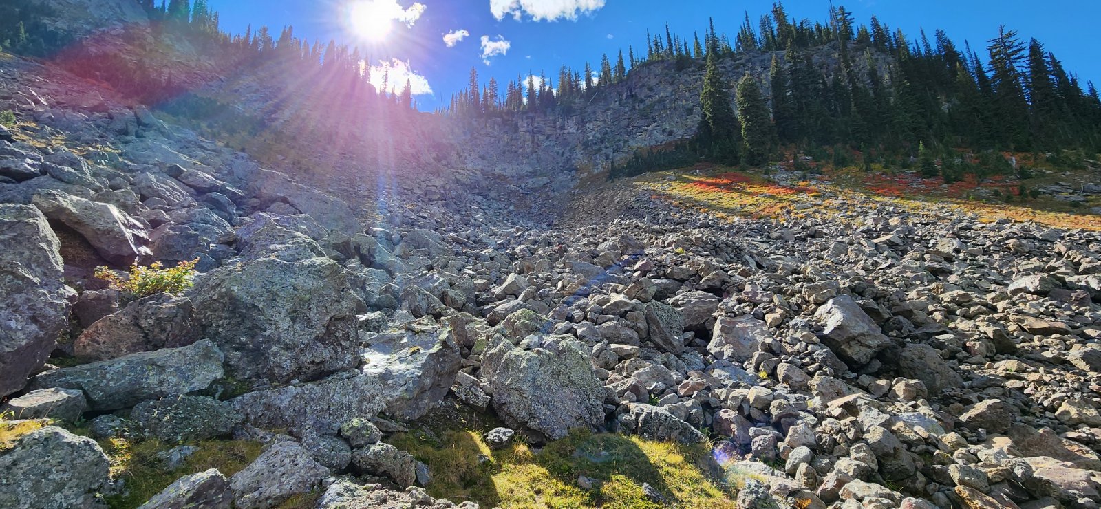 The boulder field at the base was not very consolidated - lots of moving
 rocks. Probably not much faster than the initial downclimb.