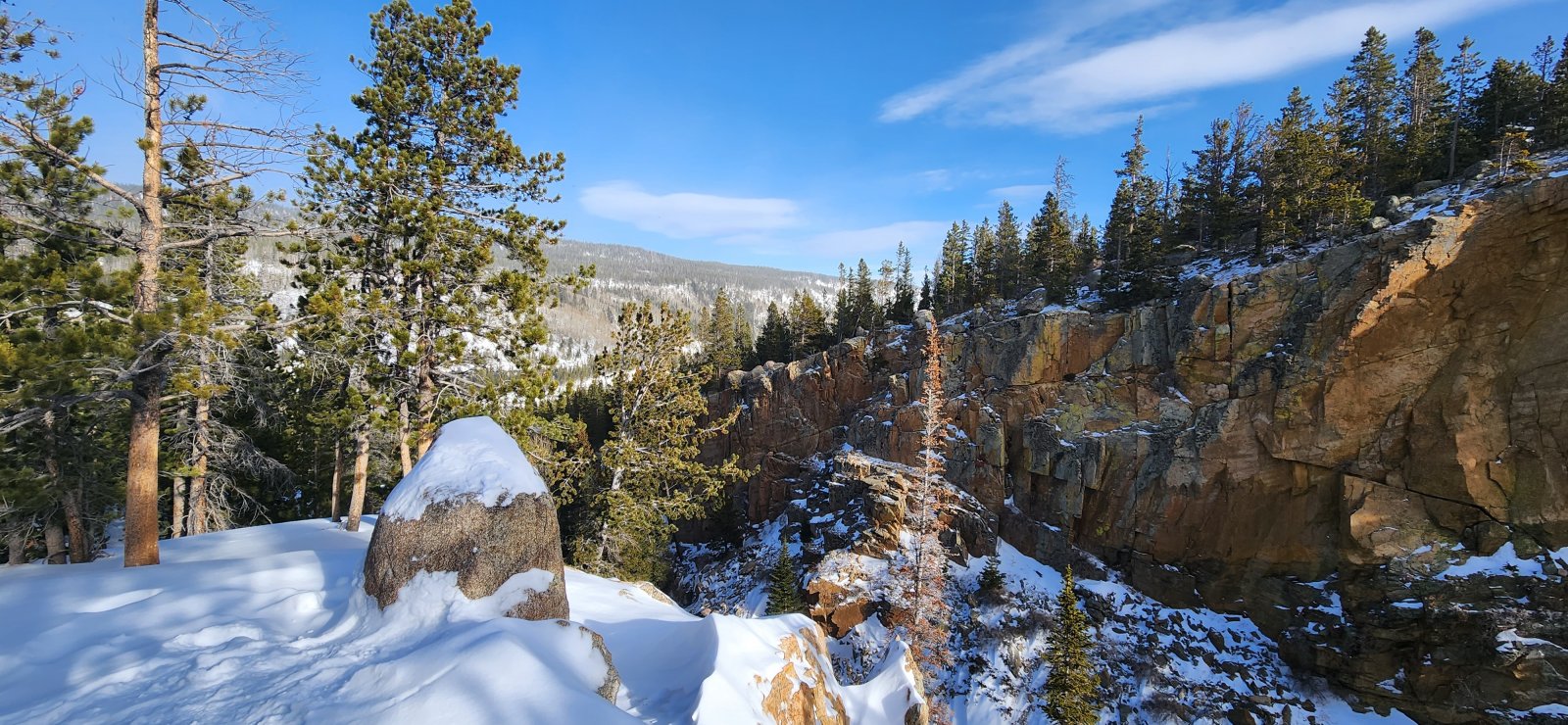 Looking down from the canyon a bit below Alberta Falls. Not much to see of the falls this time of year.