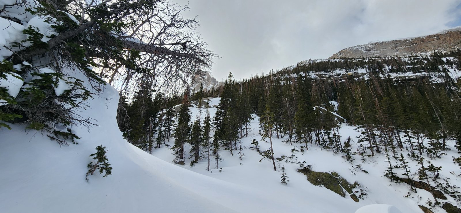 Our "trail" w/ the Arrowhead in the deep background. The beaten trail 
ended quite abruptly as prior visitors decided not to push through the 
deep snow.