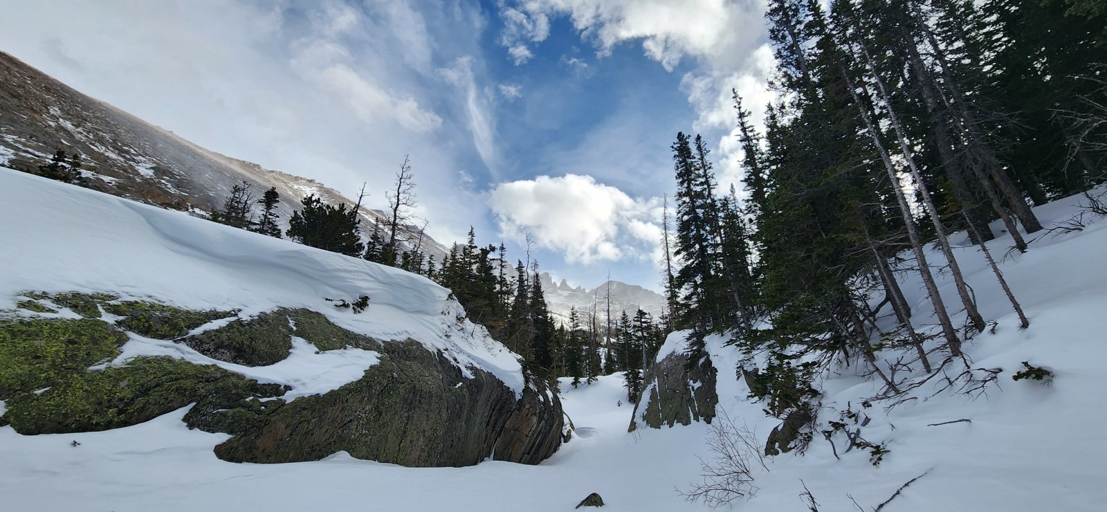 Followed directly up the drainage in some sections, however thin ice and running water made this less than ideal.