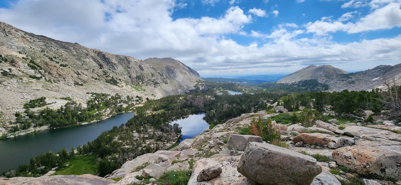 Looking down on two unnamed lakes (left/center) and Island Lake (distant center) on our way up to Thumb Lake.