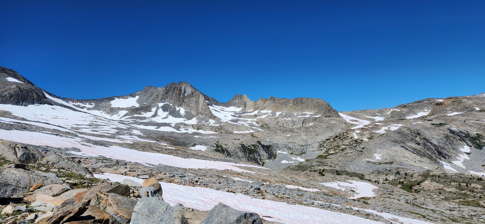 From here we would traverse below the Lyell and Maclure Glaciers on the 
northeast side instead of our original plan. It was a beautiful route - 
though we did want our ice axes and microspikes on a few fairly steep 
snowfields.
