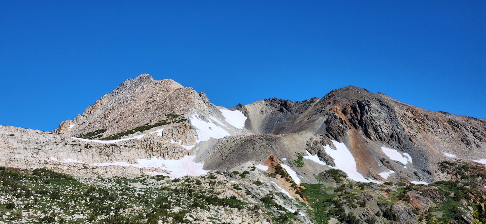 Sky Pilot Col is directly above the snowfield at center. I ended up 
staring at it for hours as I approached from Conness Pass - pretty 
intimidating to be honest.