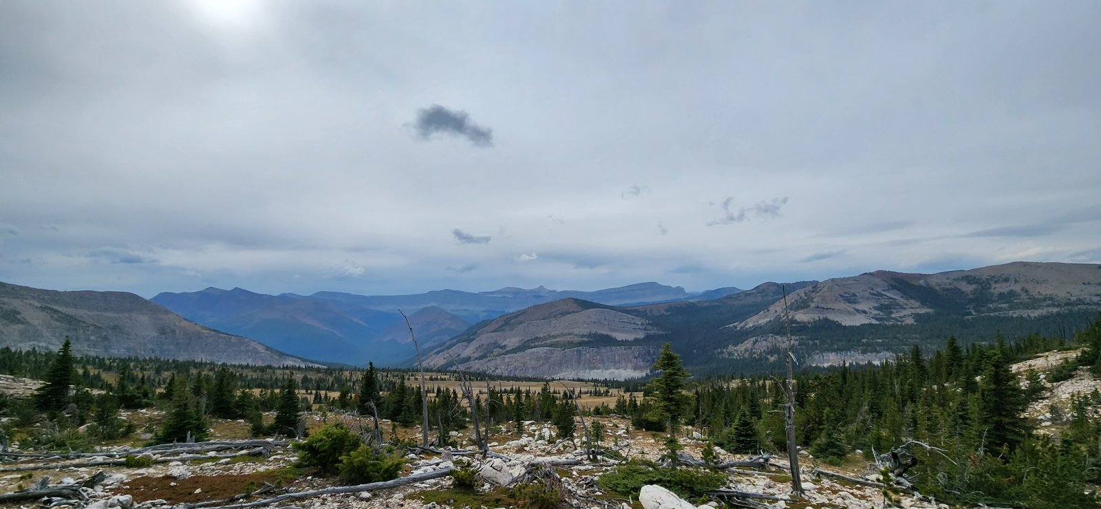 The Chinese Wall (and Sphinx Peak) in the distance. We would be there in
 a couple days... in the meantime, the views along our route were 
amazing and the terrain itself felt as wild as any other (while actually
 being pretty tame).