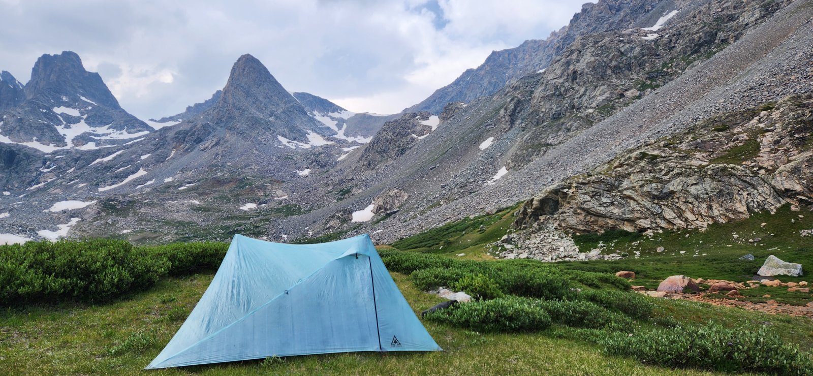 Beautiful camp for the evening - w/ tomorrow's problem (Blaurock Pass) in the background.