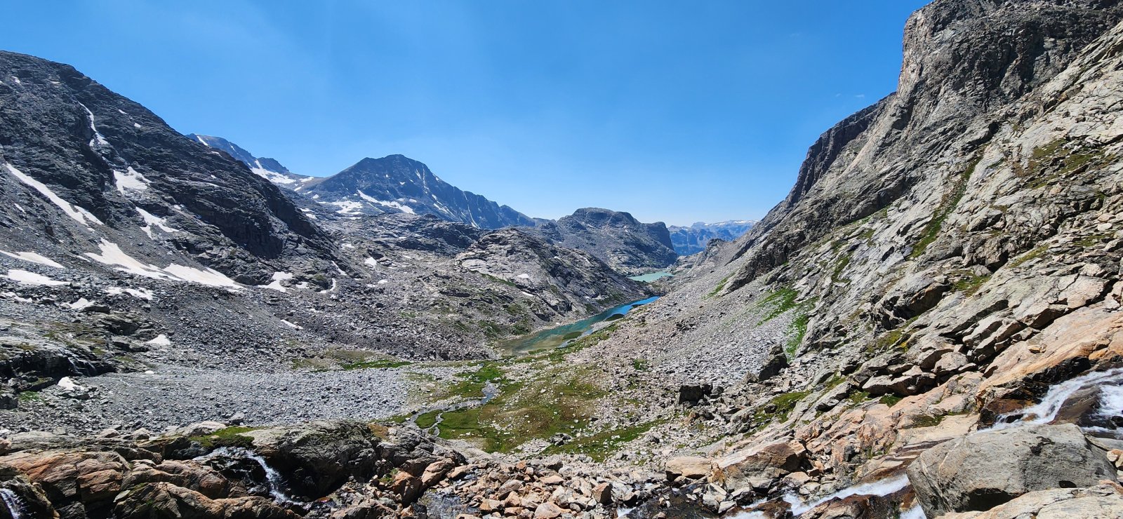 Wonderful valley below Minor Glacier. Fun waterfall downclimb. Or you can take the easy grassy ramps, I guess.