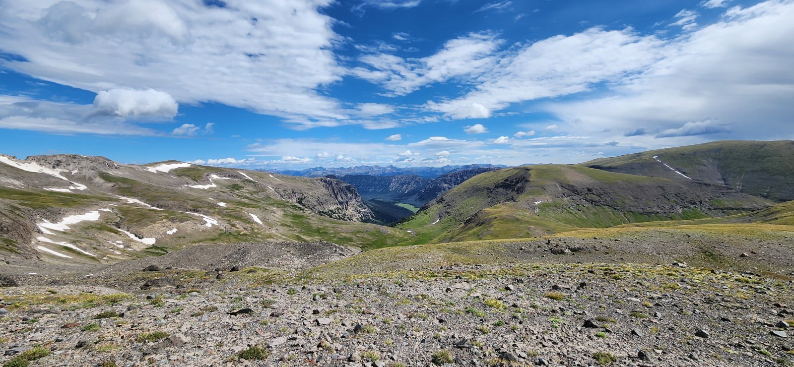 A look back at the Hidden Creek meadows from the eastern flank of unnamed Peak 11797.