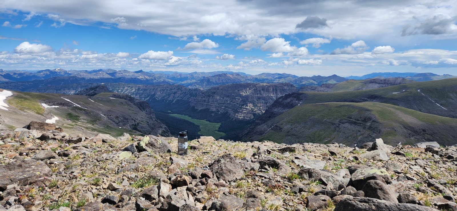 My BCP bottle made the journey as well. Incredible views abound - the Hidden Creek meadows almost 3,000' down below.