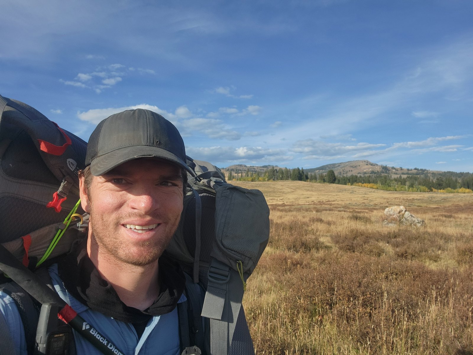Yours truly - my brother's pack strapped to the top of mine.